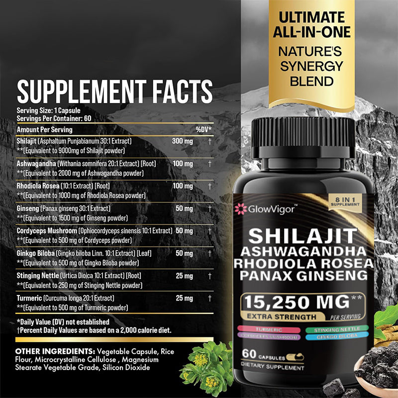 GlowVigor Shilajit 9000 Panax Ginseng 1500MG Ashwagandha and More