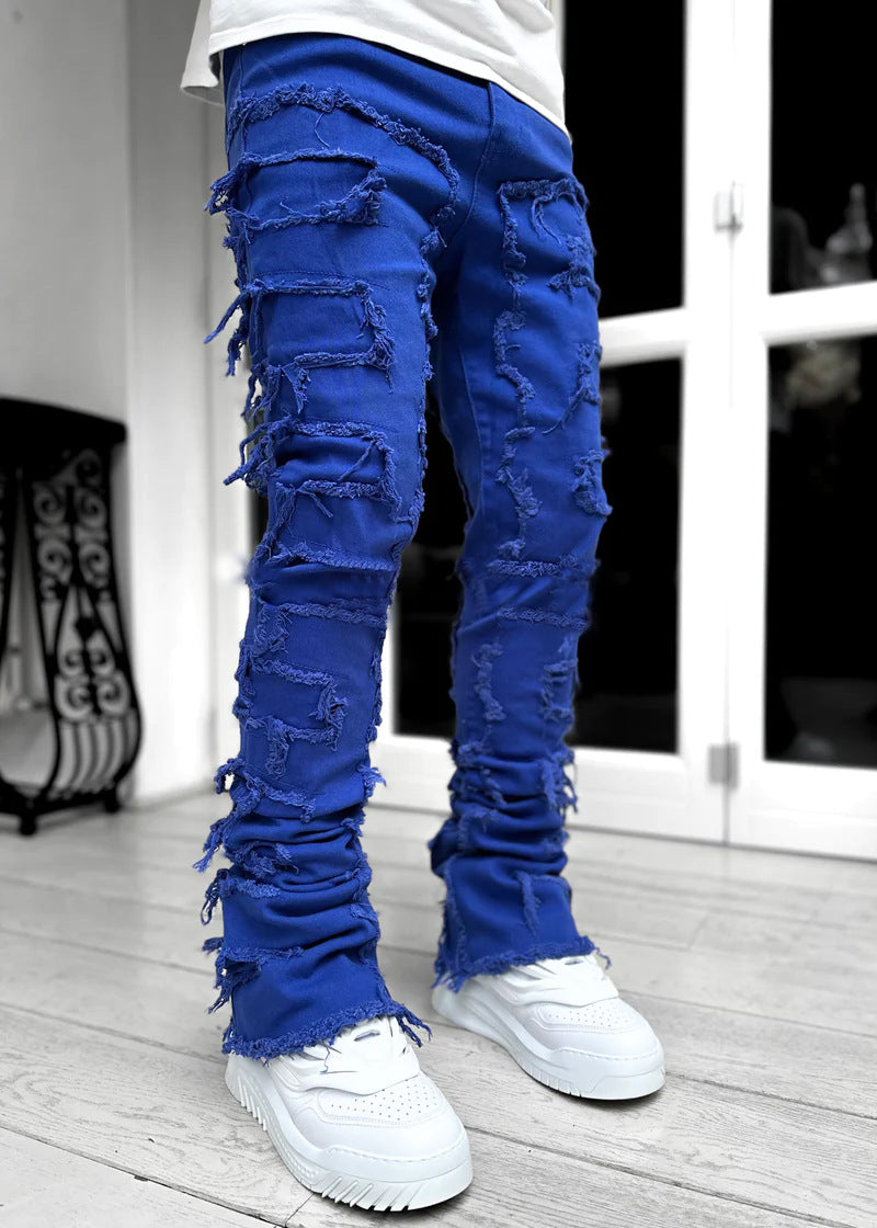 Men Trousers Individual Patched Pants Long Tight Fit Stacked Jeans For Mens Clothing - TrendsfashionIN