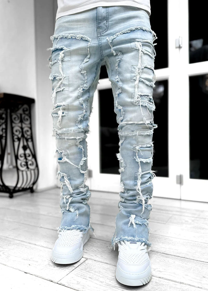 Men Trousers Individual Patched Pants Long Tight Fit Stacked Jeans For Mens Clothing - TrendsfashionIN