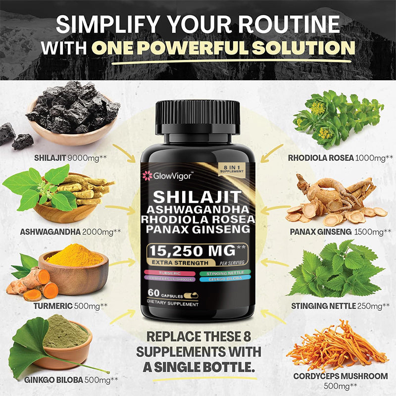 GlowVigor Shilajit 9000 Panax Ginseng 1500MG Ashwagandha and More