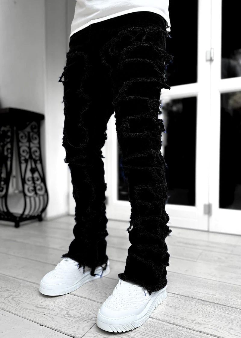 Men Trousers Individual Patched Pants Long Tight Fit Stacked Jeans For Mens Clothing - TrendsfashionIN