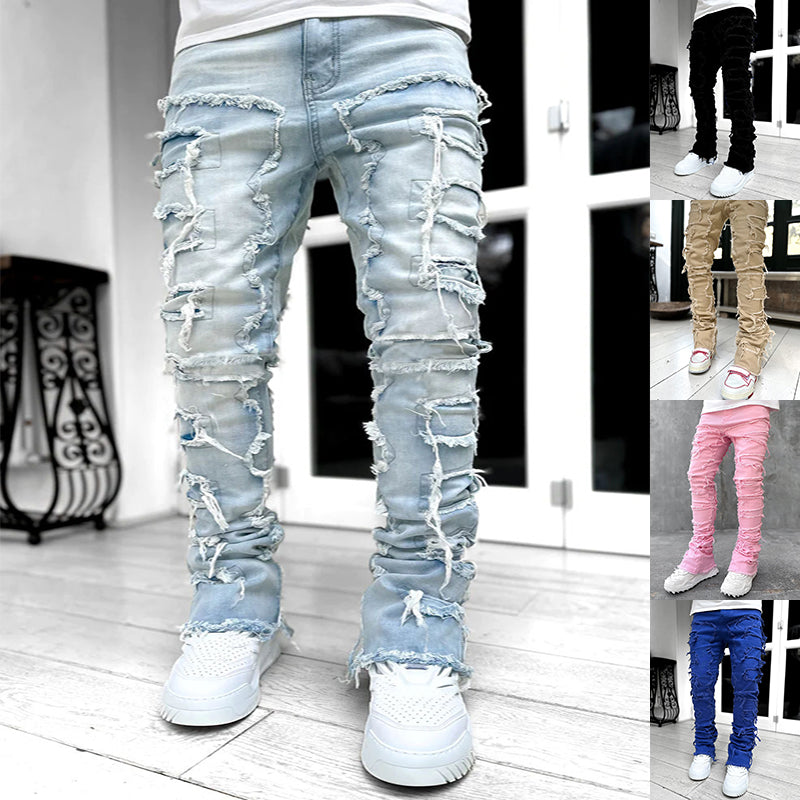 Men Trousers Individual Patched Pants Long Tight Fit Stacked Jeans For Mens Clothing - TrendsfashionIN