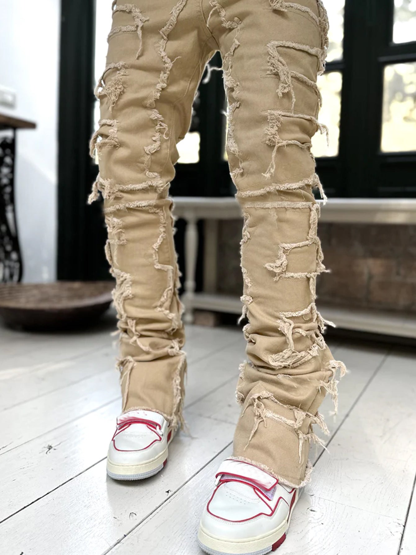 Men Trousers Individual Patched Pants Long Tight Fit Stacked Jeans For Mens Clothing - TrendsfashionIN