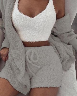 Womens 3pcs Clothing Long Sleeve Crop Tank Top And Drawstring Shorts Pajama Set