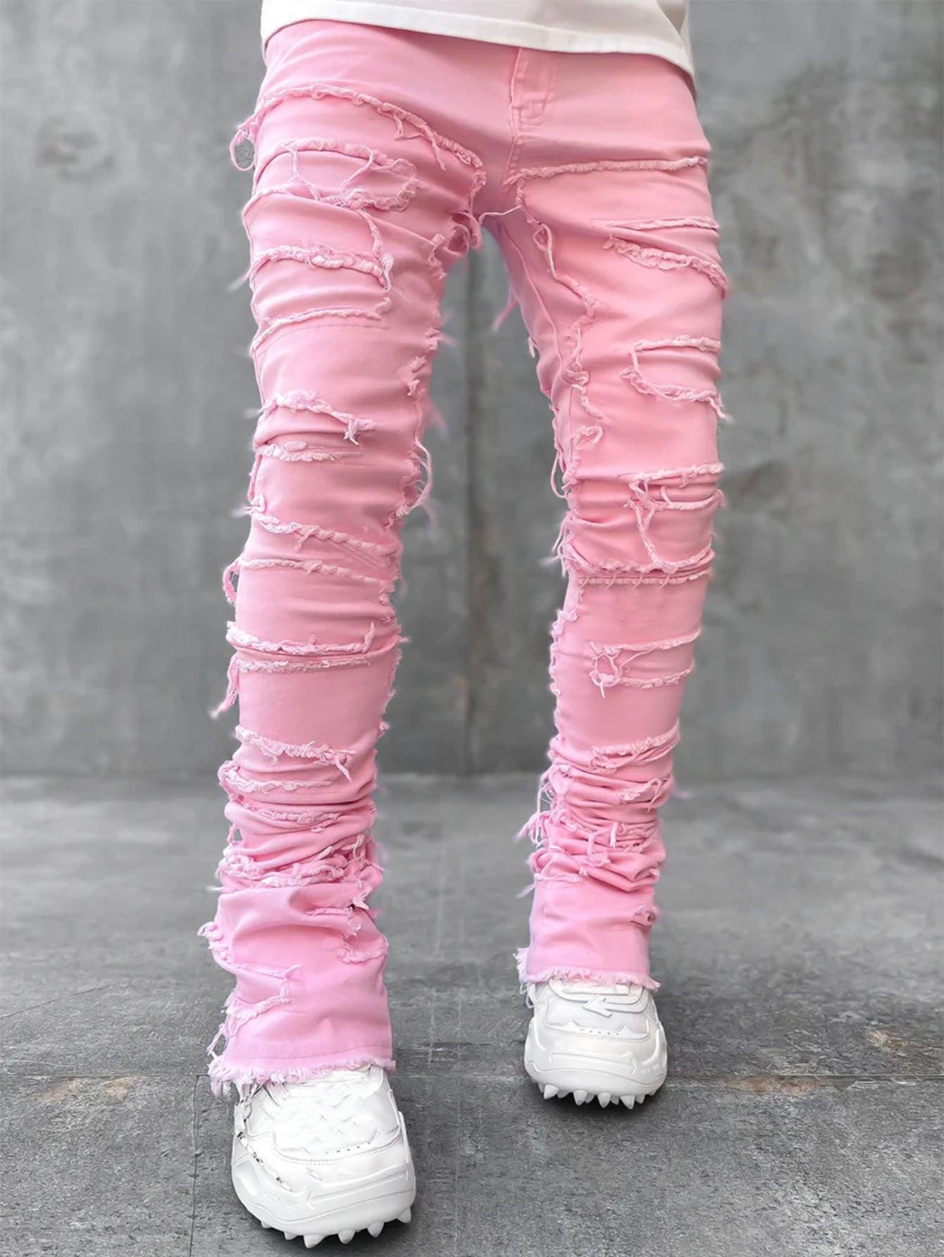 Men Trousers Individual Patched Pants Long Tight Fit Stacked Jeans For Mens Clothing - TrendsfashionIN