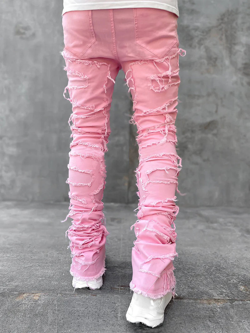 Men Trousers Individual Patched Pants Long Tight Fit Stacked Jeans For Mens Clothing - TrendsfashionIN