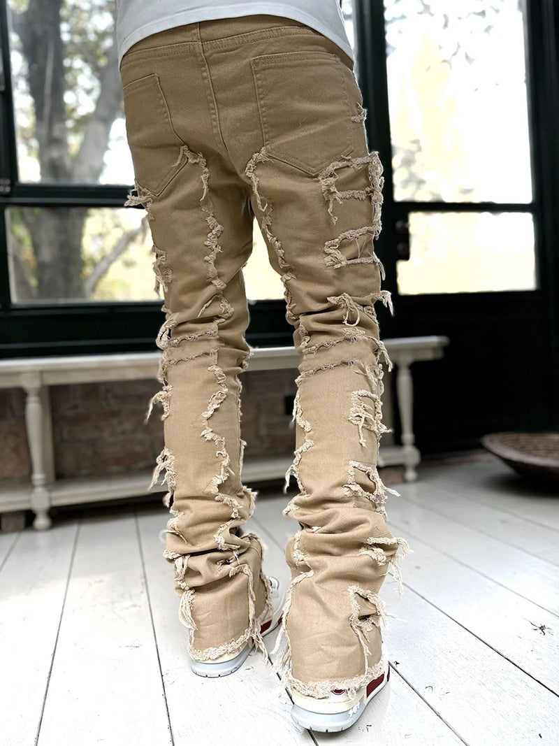 Men Trousers Individual Patched Pants Long Tight Fit Stacked Jeans For Mens Clothing - TrendsfashionIN