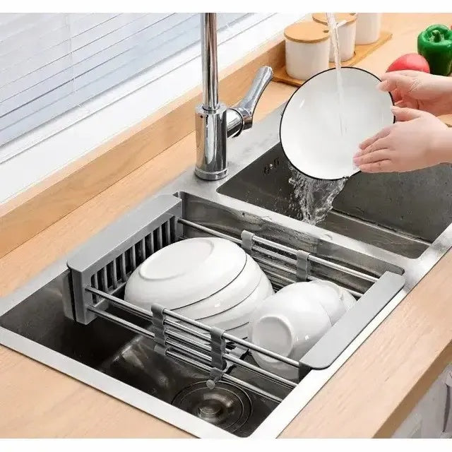Adjustable Immersion Sink Dish Drying Rack With Stainless Steel Drain Basket