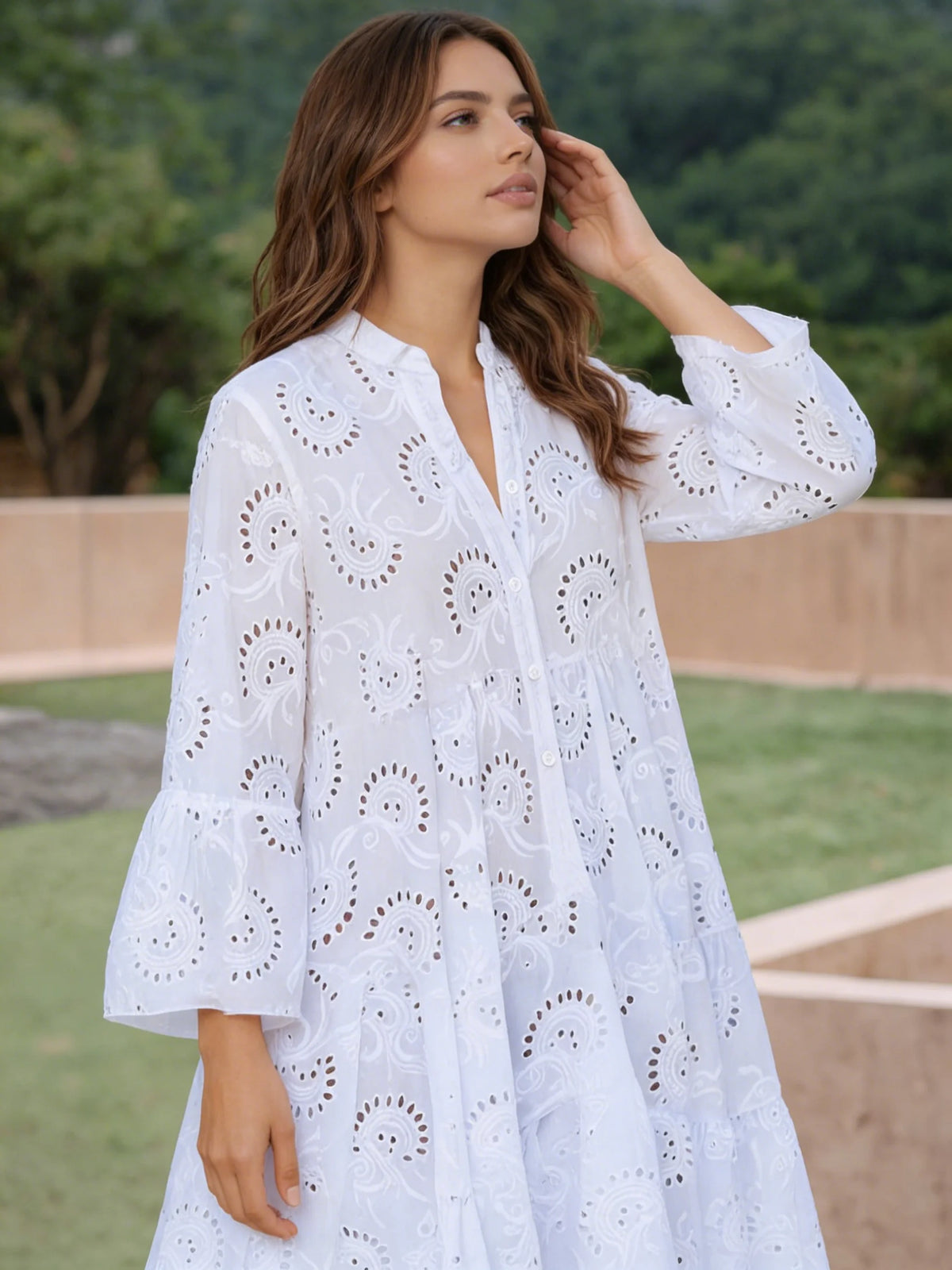 SWEET BABE Elegant White Cotton Lace Dress for Women | Plus Size Options | Tiered Eyelet Embroidery A-Line Dress