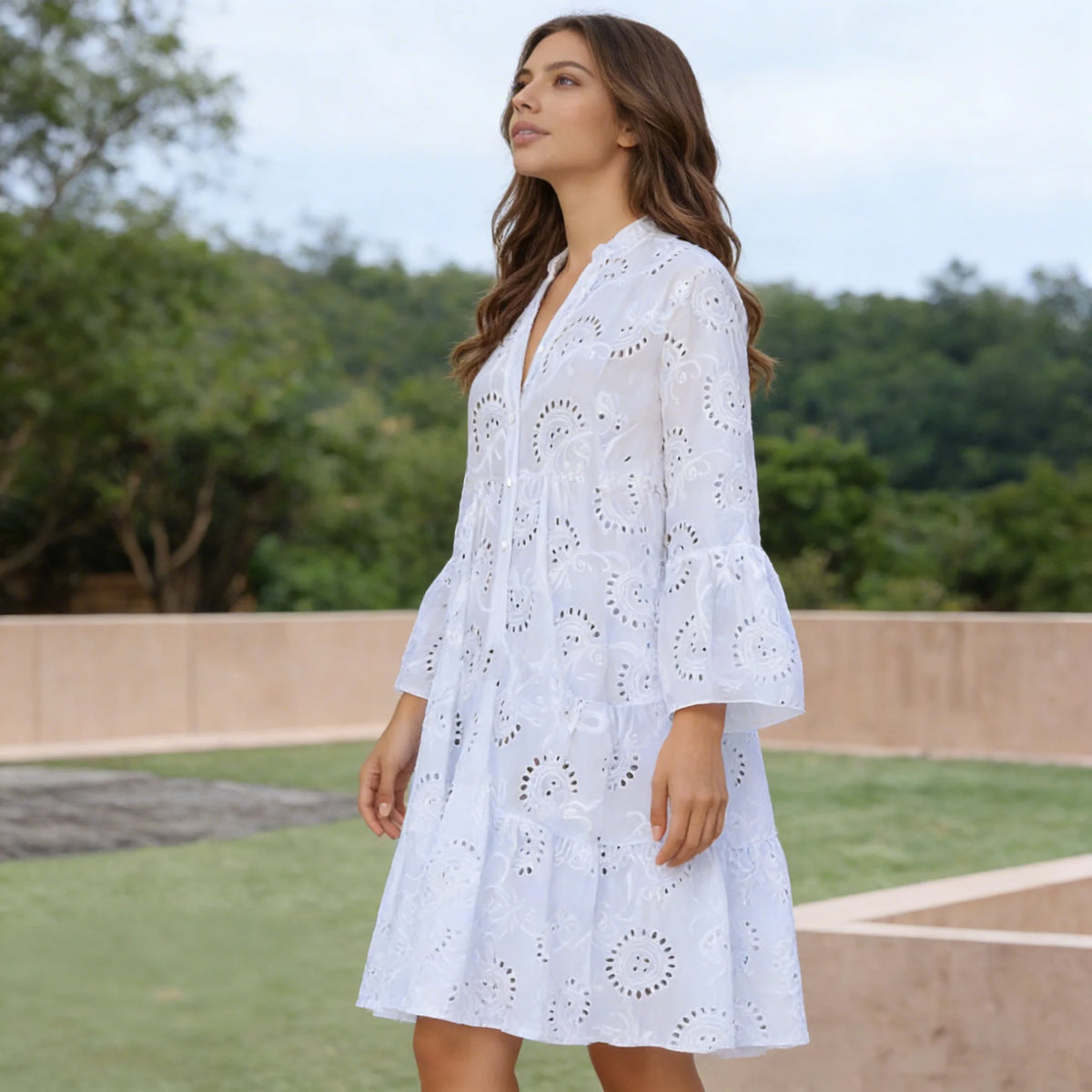 SWEET BABE Elegant White Cotton Lace Dress for Women | Plus Size Options | Tiered Eyelet Embroidery A-Line Dress