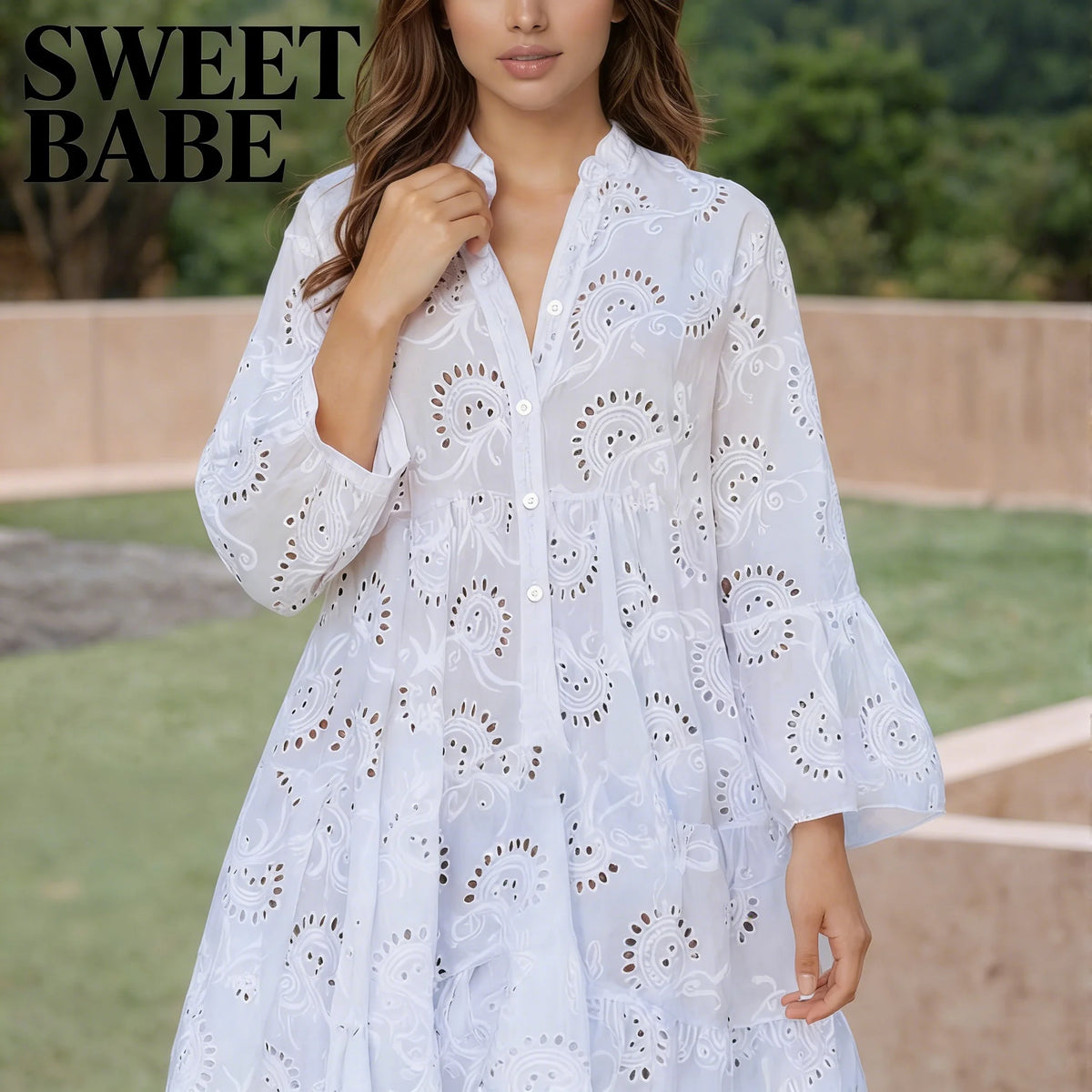 SWEET BABE Elegant White Cotton Lace Dress for Women | Plus Size Options | Tiered Eyelet Embroidery A-Line Dress