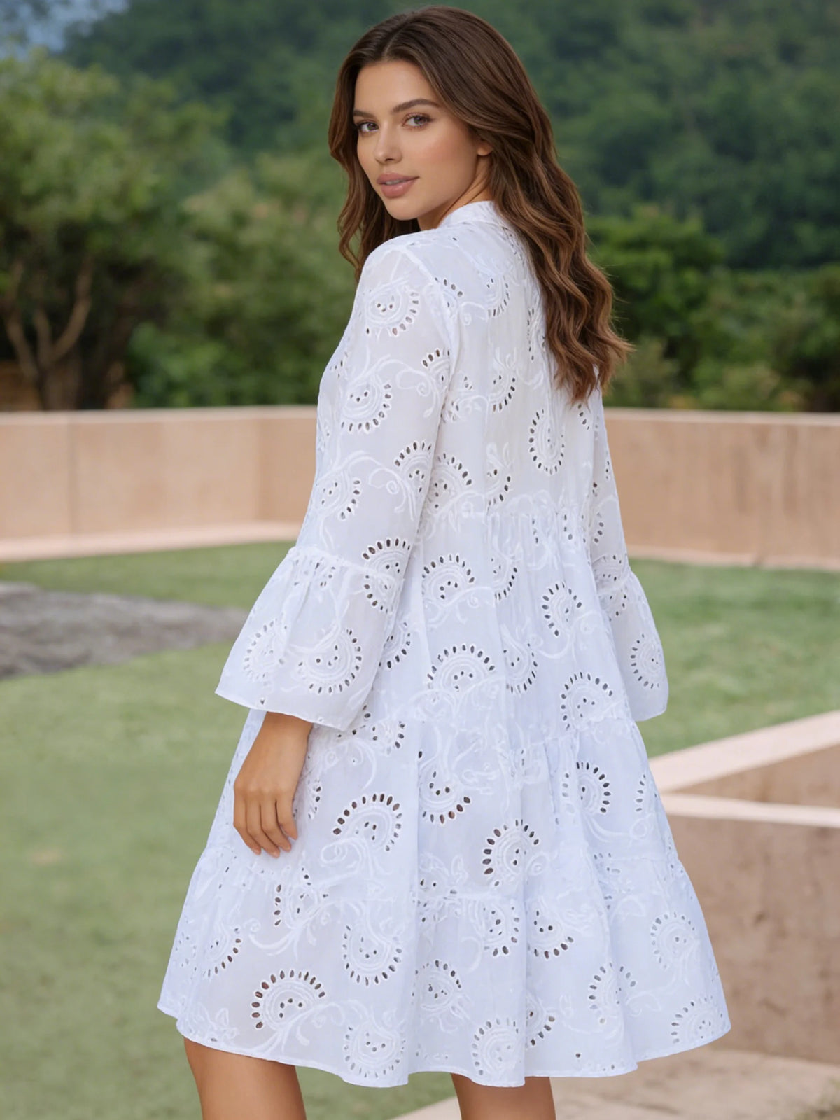 SWEET BABE Elegant White Cotton Lace Dress for Women | Plus Size Options | Tiered Eyelet Embroidery A-Line Dress