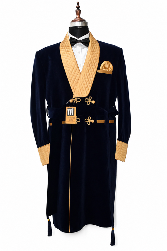 Men Navy Blue Smoking Jacket Party Wear Long Coat - TrendsfashionIN