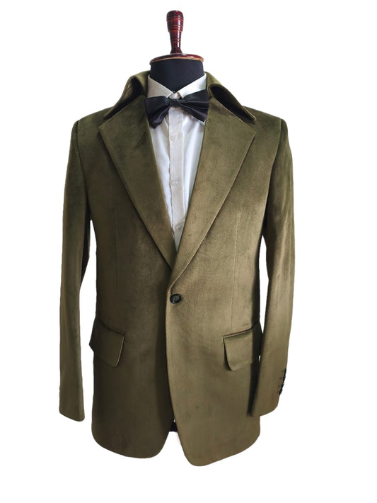 Men Olive Green Smoking Jacket Dinner Party Wear Blazer Coat