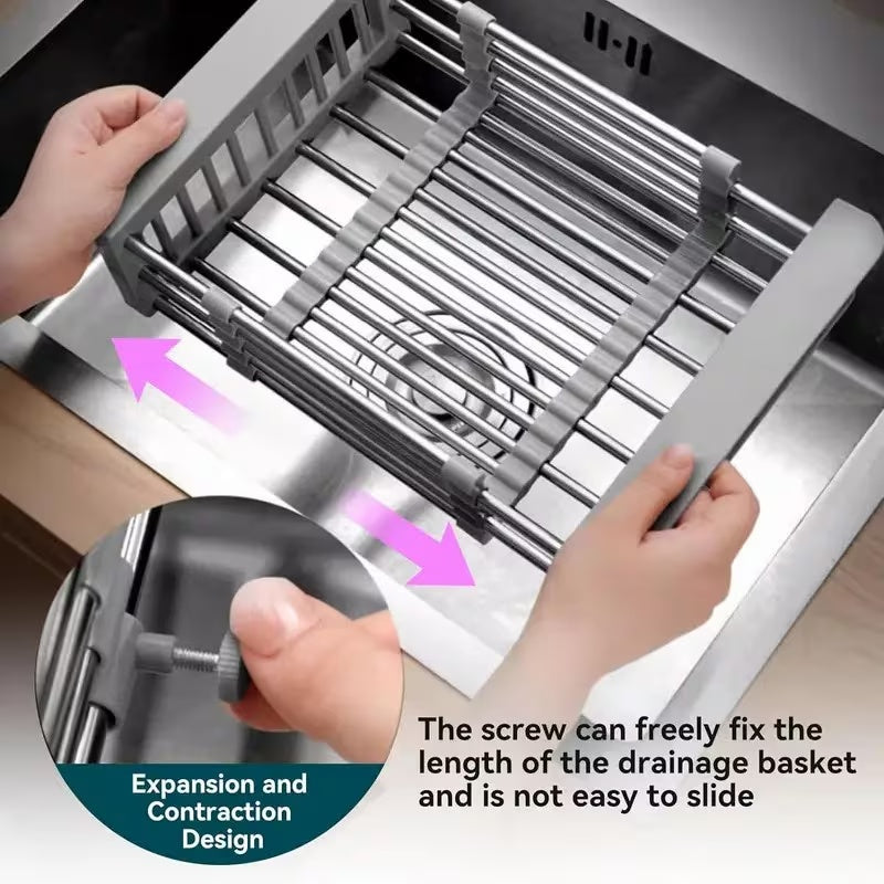 Adjustable Immersion Sink Dish Drying Rack With Stainless Steel Drain Basket