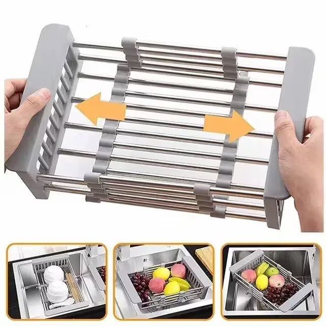 Adjustable Immersion Sink Dish Drying Rack With Stainless Steel Drain Basket