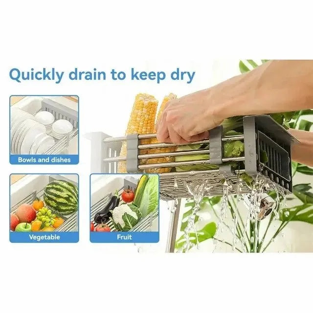 Adjustable Immersion Sink Dish Drying Rack With Stainless Steel Drain Basket
