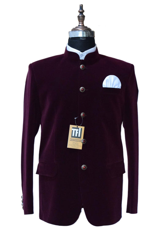 Men Burgundy Jodhpuri Jacket Dinner Party Wear Coat - TrendsfashionIN