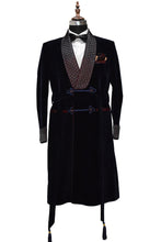 Load image into Gallery viewer, Men Navy Blue Smoking Jacket Wedding Party Wear Long Coat - TrendsfashionIN
