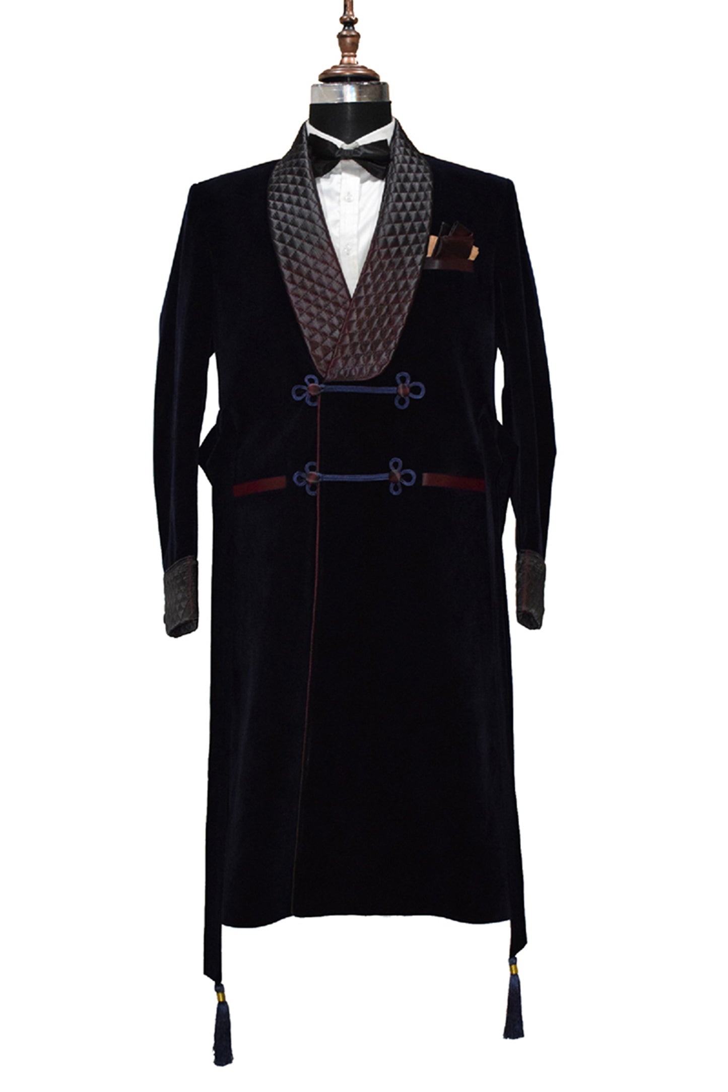Men Navy Blue Smoking Jacket Wedding Party Wear Long Coat - TrendsfashionIN