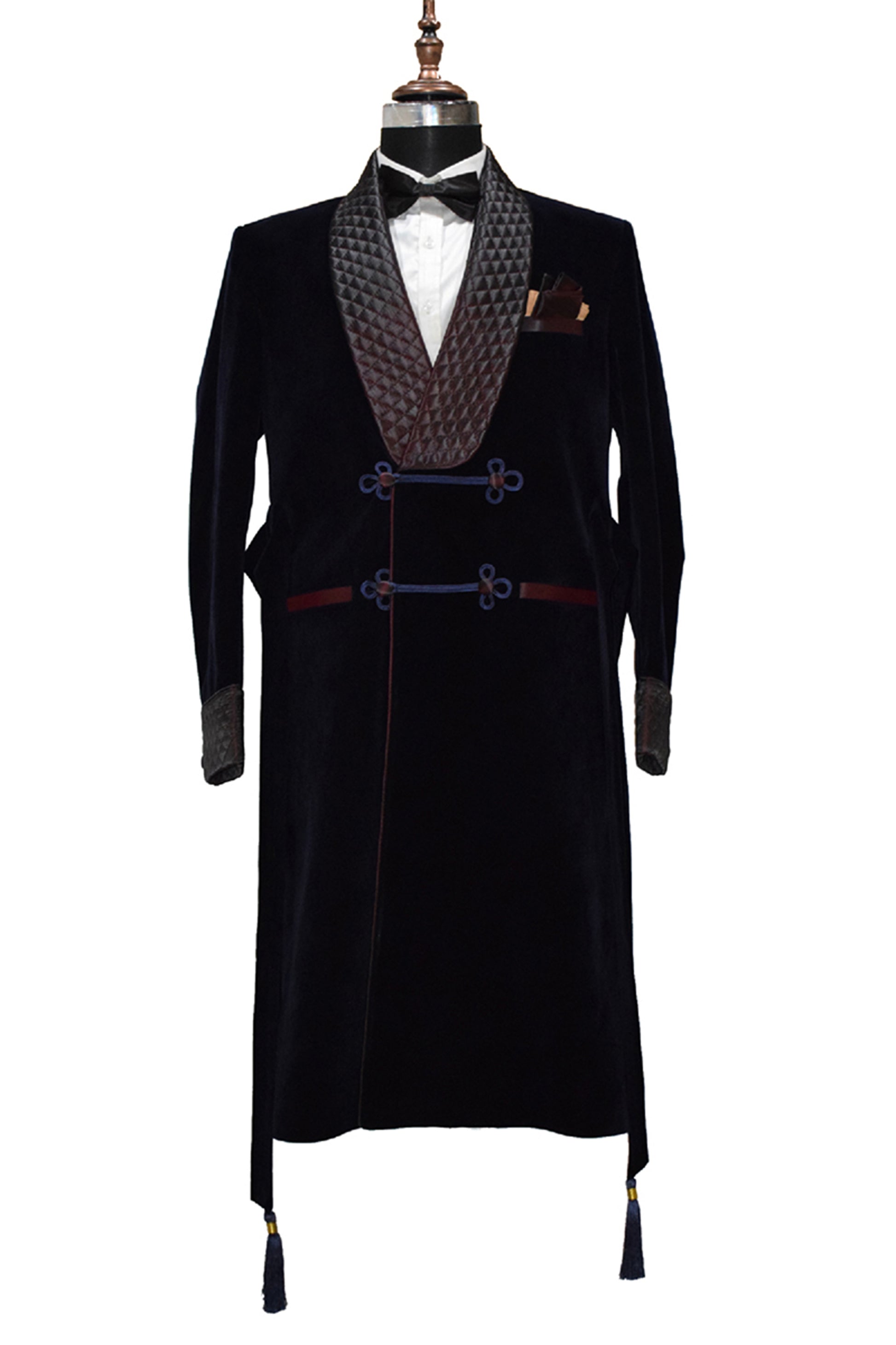 Men Navy Blue Smoking Jacket Wedding Party Wear Long Coat - TrendsfashionIN