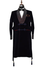 Load image into Gallery viewer, Men Navy Blue Smoking Jacket Wedding Party Wear Long Coat - TrendsfashionIN
