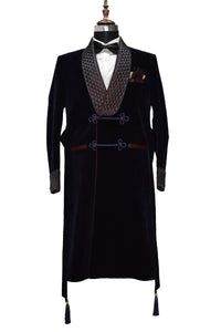 Men Navy Blue Smoking Jacket Wedding Party Wear Long Coat - TrendsfashionIN