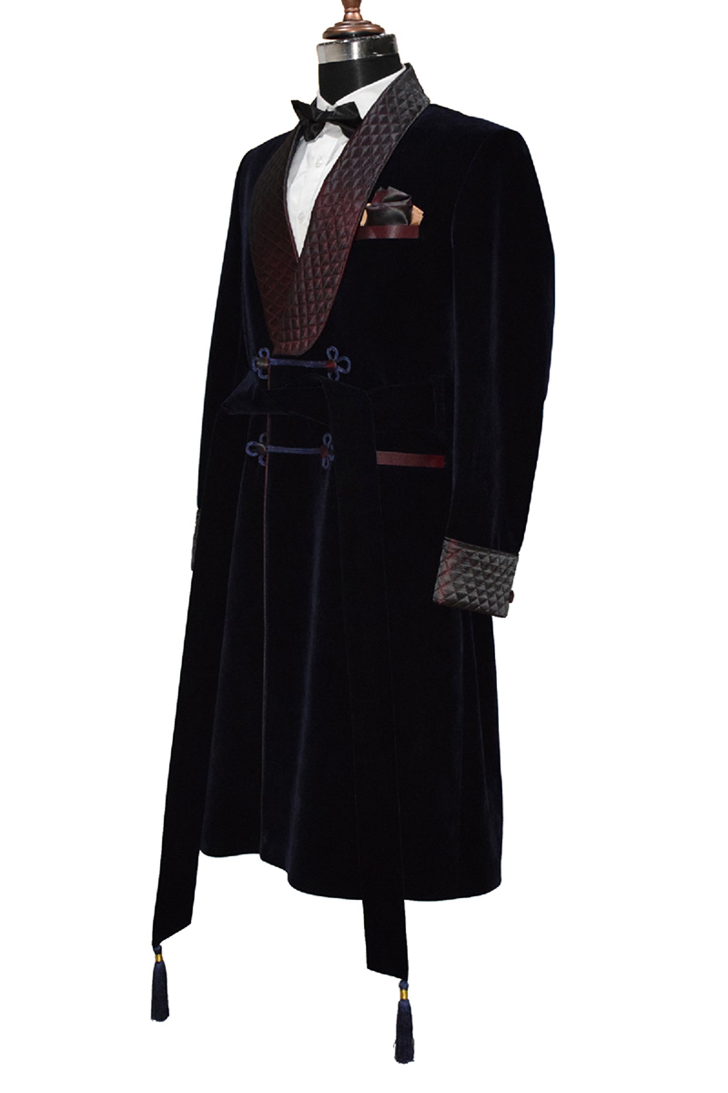 Men Navy Blue Smoking Jacket Wedding Party Wear Long Coat - TrendsfashionIN
