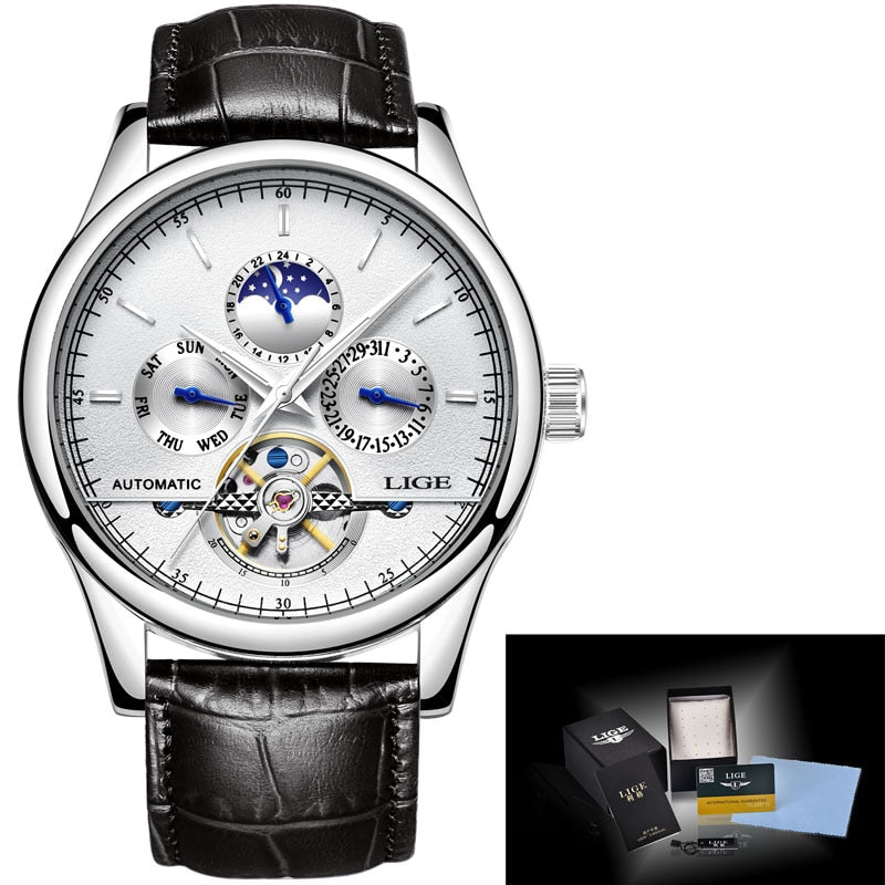 Relogio Masculin LIGE New Mens Watches Top Brand Luxury Automatic Mechanical Watch Men Leather Waterproof Watch Week Clock+Boxo