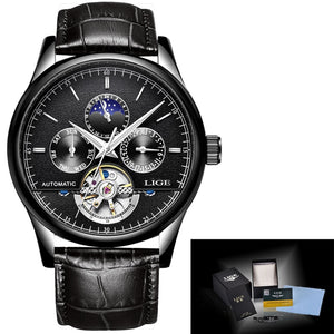 Relogio Masculin LIGE New Mens Watches Top Brand Luxury Automatic Mechanical Watch Men Leather Waterproof Watch Week Clock+Boxo