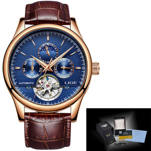 Relogio Masculin LIGE New Mens Watches Top Brand Luxury Automatic Mechanical Watch Men Leather Waterproof Watch Week Clock+Boxo