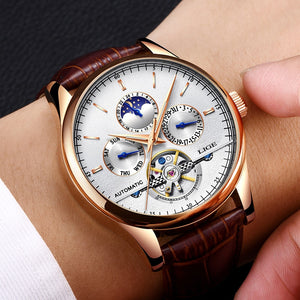 Relogio Masculin LIGE New Mens Watches Top Brand Luxury Automatic Mechanical Watch Men Leather Waterproof Watch Week Clock+Boxo