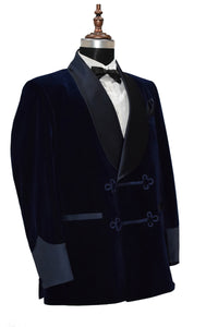Men Navy Blue Smoking Jacket Dinner Party Wear Blazer - TrendsfashionIN