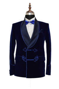 Men Navy Blue Smoking Jacket Dinner Party Wear Blazer - TrendsfashionIN