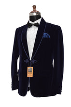 Load image into Gallery viewer, Man Navy Blue Smoking Jacket Dinner Party Wear Coat
