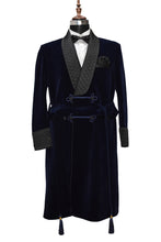 Load image into Gallery viewer, Men Navy Blue Smoking Jacket Wedding Party Wear Long Coat - TrendsfashionIN
