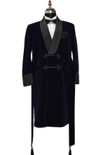 Load image into Gallery viewer, Men Navy Blue Smoking Jacket Wedding Party Wear Long Coat - TrendsfashionIN
