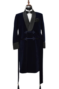 Men Navy Blue Smoking Jacket Wedding Party Wear Long Coat - TrendsfashionIN