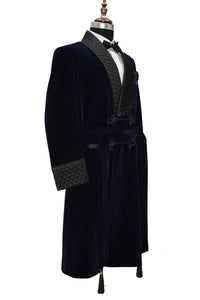 Men Navy Blue Smoking Jacket Wedding Party Wear Long Coat - TrendsfashionIN