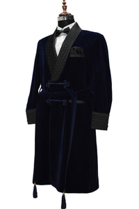 Men Navy Blue Smoking Jacket Wedding Party Wear Long Coat - TrendsfashionIN