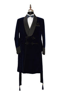 Men Navy Blue Smoking Jacket Party Wear Long Coat - TrendsfashionIN