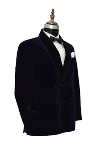 Men Navy Blue Smoking Jacket Dinner Party Wear Coat - TrendsfashionIN