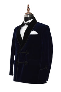 Men Navy Blue Smoking Jacket Dinner Party Wear Coat - TrendsfashionIN