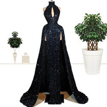 Load image into Gallery viewer, Women Black Sequined Celebrity Dresses Sexy Side Split Red Carpet Gowns - TrendsfashionIN
