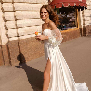 Summer Wedding Dresses Puff Sleeve Split Side Bow Beach Wedding Gowns Women Cheap