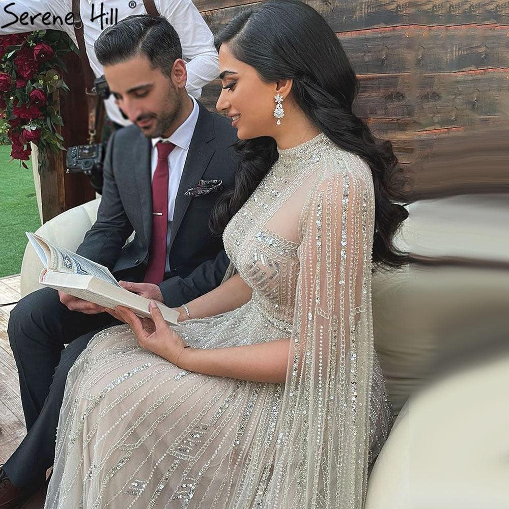 Serene Hill Grey Arabia Luxury Cape Sleeves Beading A-Line Evening Formal Dress Gowns - TrendsfashionIN