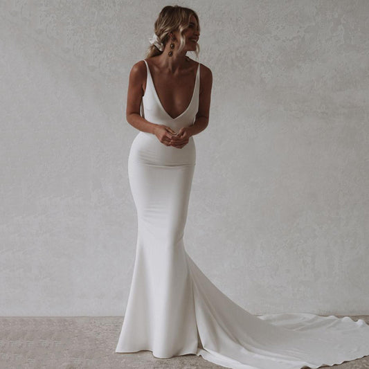 Beach Wedding Deep V-neck Backless Bride Dress Long White Fashion Wedding Gowns - TrendsfashionIN