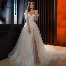 Load image into Gallery viewer, Wedding Dresses Split Side Dots Tulle Long Sleeve Bride Dress Off Shoulder Cheap Wedding Gowns Plus
