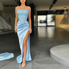 Load image into Gallery viewer, Autumn Elegant Blue Wrap Chest Evening Dress Suitable Wedding Dress
