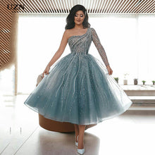 Load image into Gallery viewer, Blue Luxury crystal Evening Dress Ball Gowns Saudi Arabia Tea-length One Shoulder Middle East Party Dress Evening Gowns
